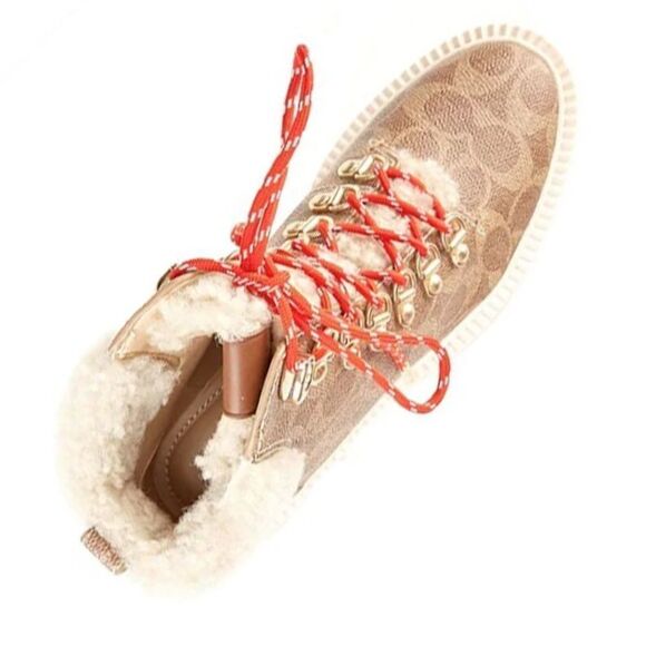 Coach Janel Signature Logo Print Shearling Accent Lug Sole Hiker Booties - Picture 1 of 4